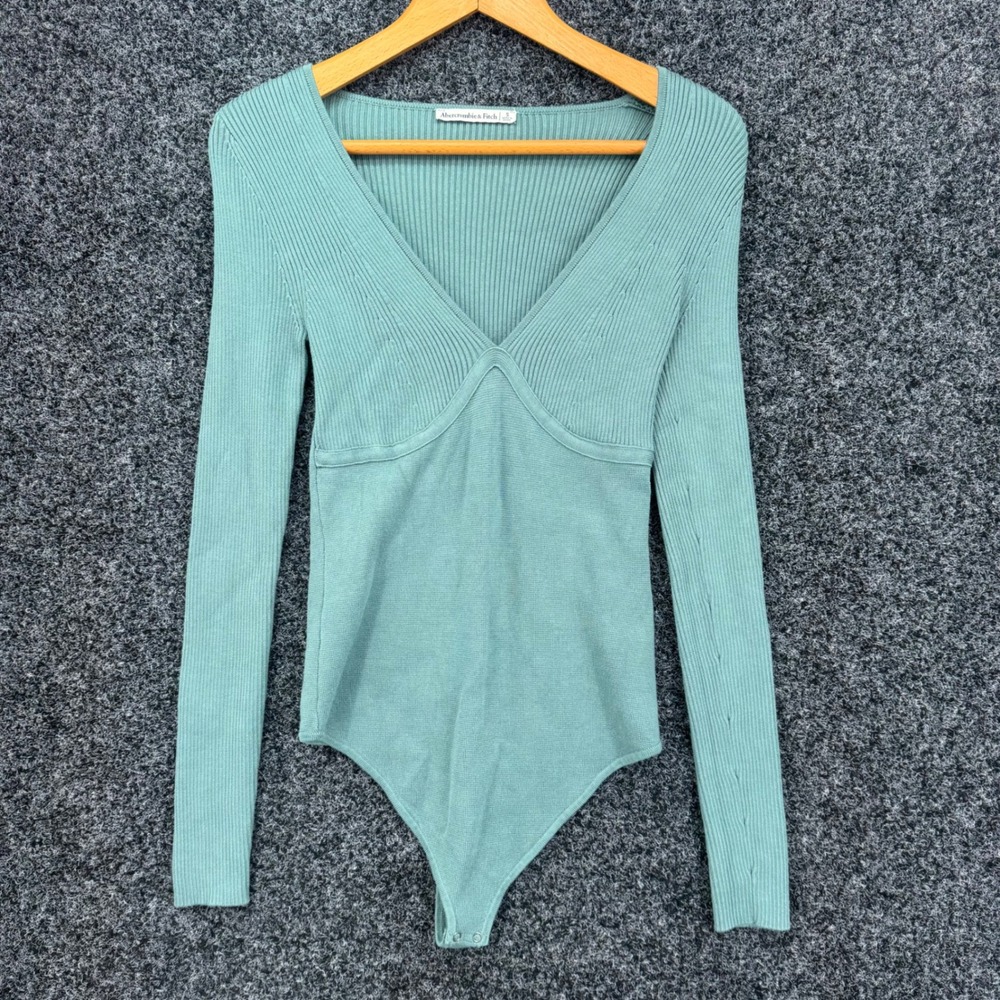 Abercrombie & Fitch Sage Green Ribbed V-Neck Long Sleeve Bodysuit Small